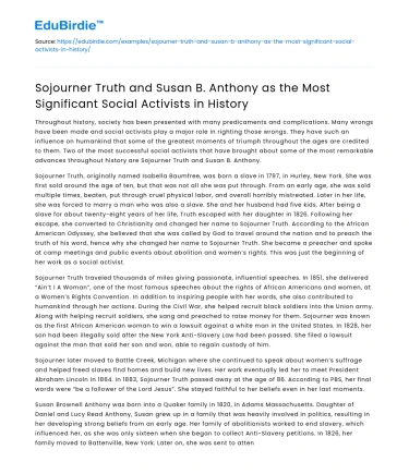 Sojourner Truth and Susan B Anthony: Key Social Activists