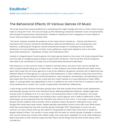 The Behavioral Effects Of Various Genres Of Music
