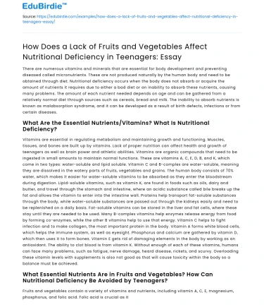 Impact of Fruit/Veggie Deficiency on Teen Nutritional Health
