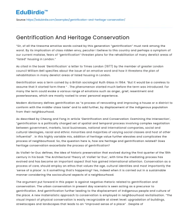 Gentrification And Heritage Conservation