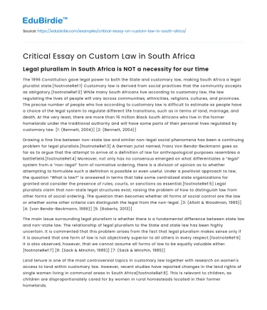 Critical Essay on Custom Law in South Africa
