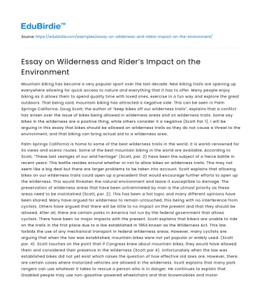Essay on Wilderness and Rider’s Impact on the Environment