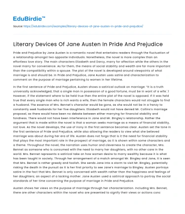 Literary Devices Of Jane Austen In Pride And Prejudice