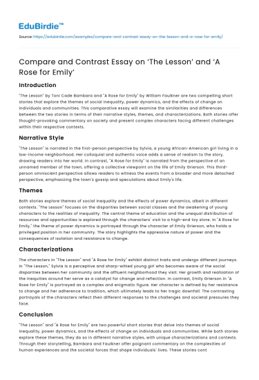 Compare and Contrast Essay on ‘The Lesson’ and ‘A Rose for Emily’