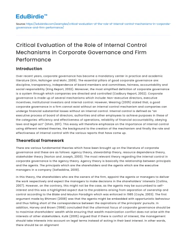 Role of Internal Control in Corporate Governance and Firm Performance