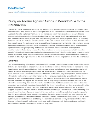 Essay on Racism Against Asians in Canada Due to the Coronavirus