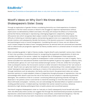Woolf’s Ideas on Why Don’t We Know about Shakespeare’s Sister: Essay