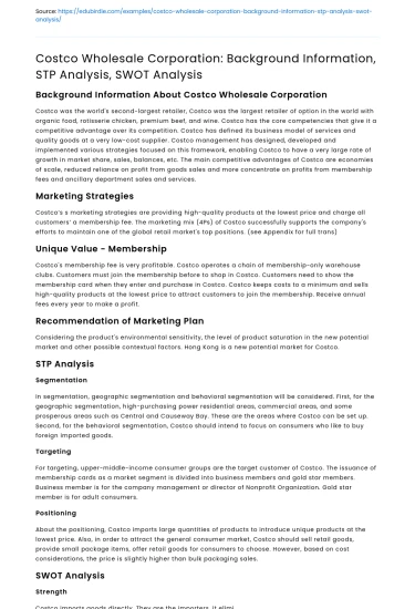 Costco Wholesale: Background, STP, SWOT Analysis