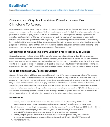 Counseling Gay And Lesbian Clients: Issues For Clinicians To Assess