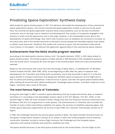 Privatizing Space Exploration: Synthesis Essay