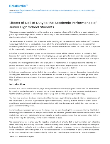 Impact of Call of Duty on Junior High School Academic Performance