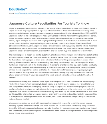 Japanese Cultural Distinctions for Tourists