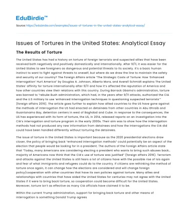 Issues of Tortures in the United States: Analytical Essay