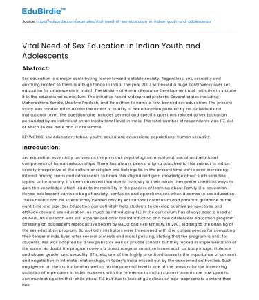Vital Need of Sex Education in Indian Youth and Adolescents