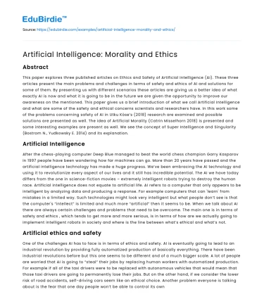 Artificial Intelligence: Morality and Ethics