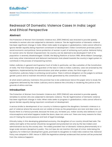 Domestic Violence Redressal in India: Legal & Ethical Perspective