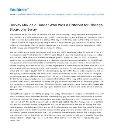 Harvey Milk as a Leader Who Was a Catalyst for Change: Biography Essay