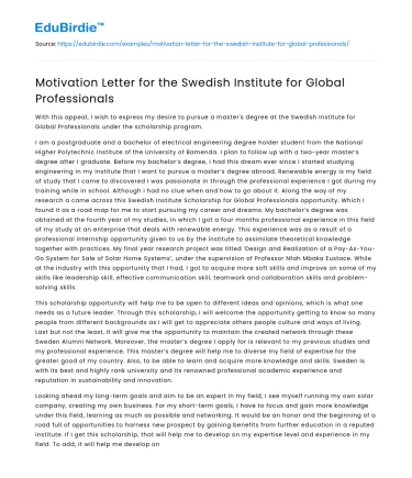 Motivation Letter for the Swedish Institute for Global Professionals
