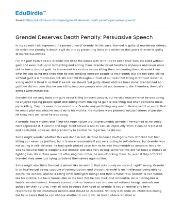 Grendel Deserves Death Penalty: Persuasive Speech