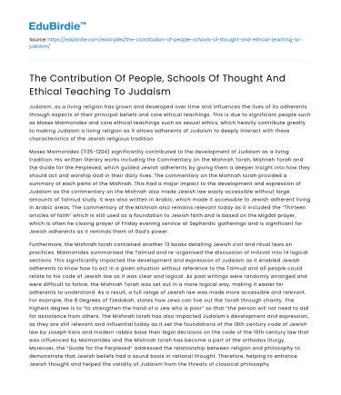 Contributions to Judaism: People, Schools of Thought, Ethics