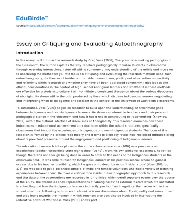 Essay on Critiquing and Evaluating Autoethnography