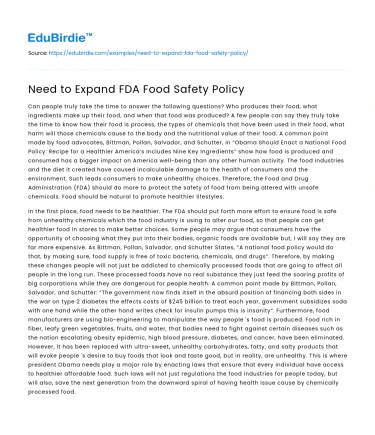 Need to Expand FDA Food Safety Policy