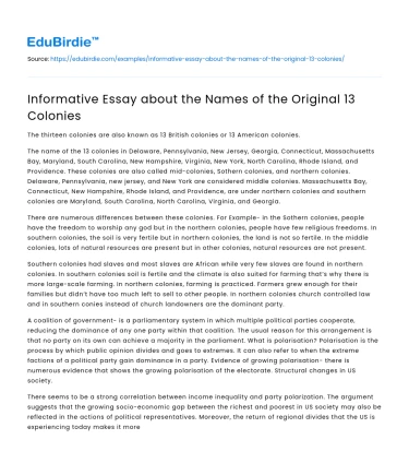 Informative Essay about the Names of the Original 13 Colonies