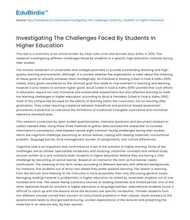 Investigating The Challenges Faced By Students In Higher Education