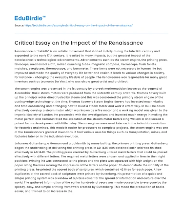 Critical Essay on the Impact of the Renaissance