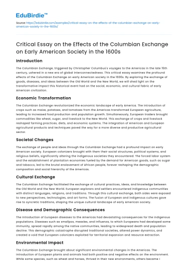 Effects of Columbian Exchange on Early American Society in the 1600s