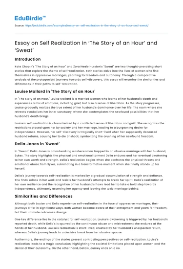 Essay on Self Realization in ‘The Story of an Hour’ and ‘Sweat’