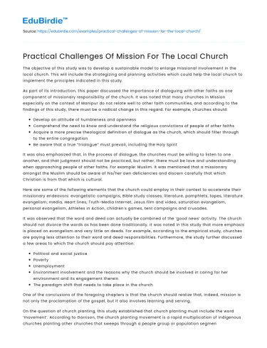 Practical Challenges Of Mission For The Local Church