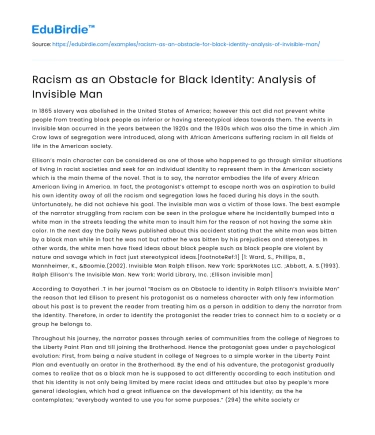 Racism as an Obstacle for Black Identity: Analysis of Invisible Man