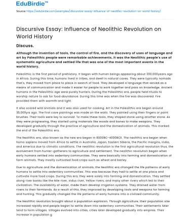 Discursive Essay: Influence of Neolithic Revolution on World History