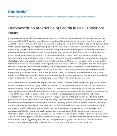 Criminalization of Practice of Graffiti in NYC: Analytical Essay
