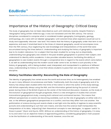 Importance of the History of Geography: Critical Essay