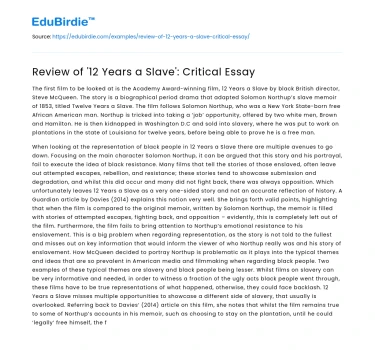 Review of ’12 Years a Slave’: Critical Essay