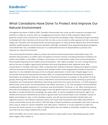 What Canadians Have Done To Protect And Improve Our Natural Environment