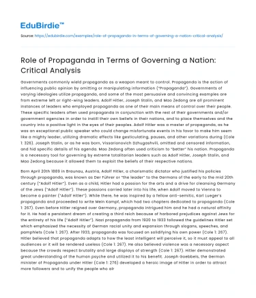 Role of Propaganda in Terms of Governing a Nation: Critical Analysis