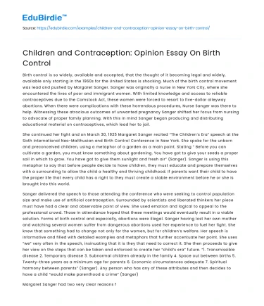 Children and Contraception: Opinion Essay On Birth Control