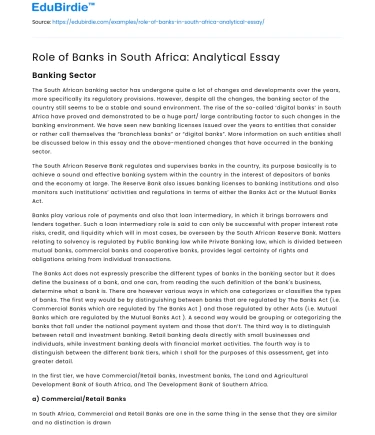 Role of Banks in South Africa: Analytical Essay
