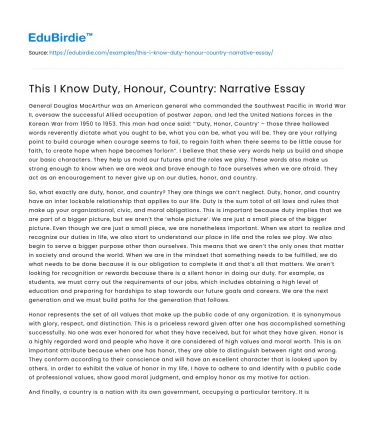 This I Know Duty, Honour, Country: Narrative Essay