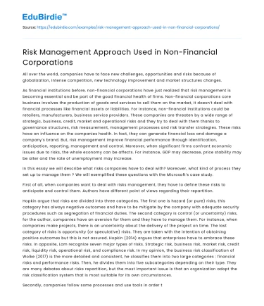 Risk Management Approach Used in Non-Financial Corporations