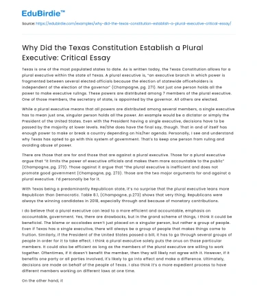 Texas Constitution: Establishing a Plural Executive