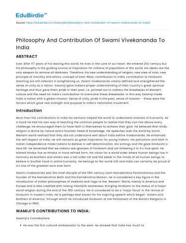 Philosophy And Contribution Of Swami Vivekananda To India