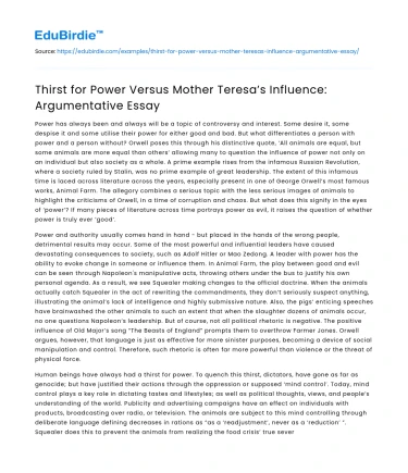 Thirst for Power Versus Mother Teresa’s Influence: Argumentative Essay