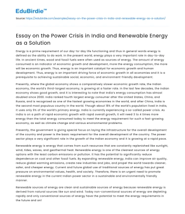 Essay on the Power Crisis in India and Renewable Energy as a Solution