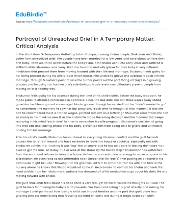 Portrayal of Unresolved Grief in A Temporary Matter: Critical Analysis