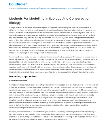 Methods For Modelling In Ecology And Conservation Biology
