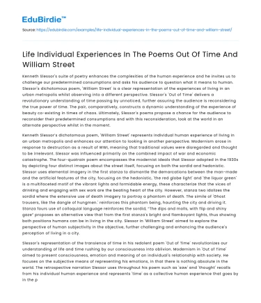 Life Individual Experiences In The Poems Out Of Time And William Street